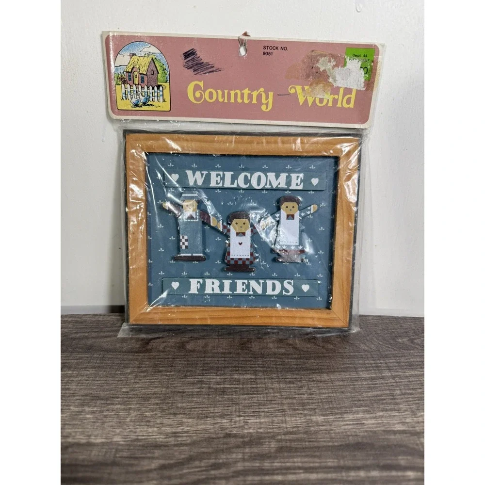 Vintage Folk Art Welcome Sign People Wood Country Friends